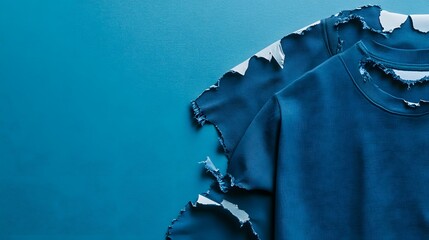 Ripped blue t-shirt on a vivid blue background.