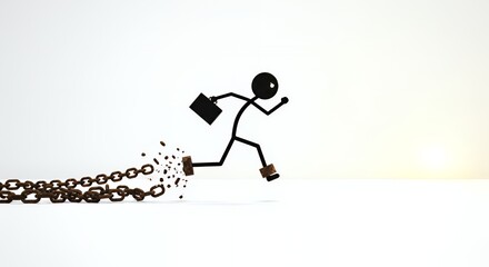 Fototapeta premium Stick Figure Running After Breaking Chains Symbolizing Business Motivation for Achieving Goals on White Surface