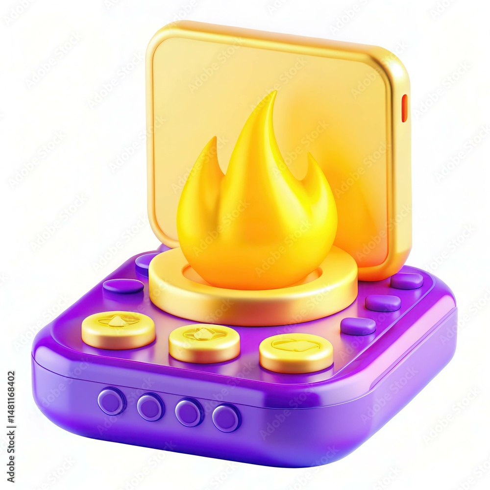 Fototapete a colorful 3d rendering of a golden flame icon on a purple device base, showcasing a modern design.