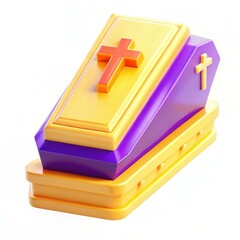 A colorful and modern coffin design featuring a purple and yellow color scheme with crosses.