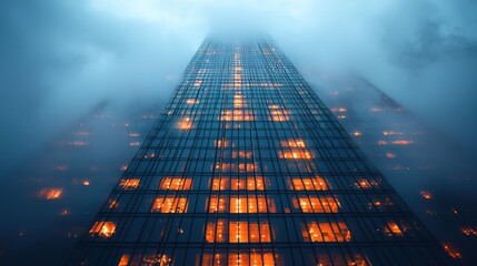 Naklejka premium Skyscraper pierces fog, lit windows