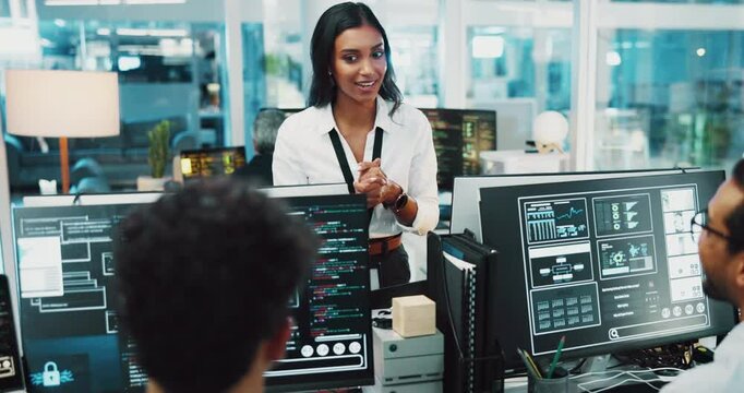 People, computer and screen with mentor for coding internship, programming and software update. Staff, manager and instructions for website development, server application and troubleshooting system