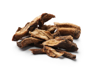 Pile of dry chicory roots isolated on white