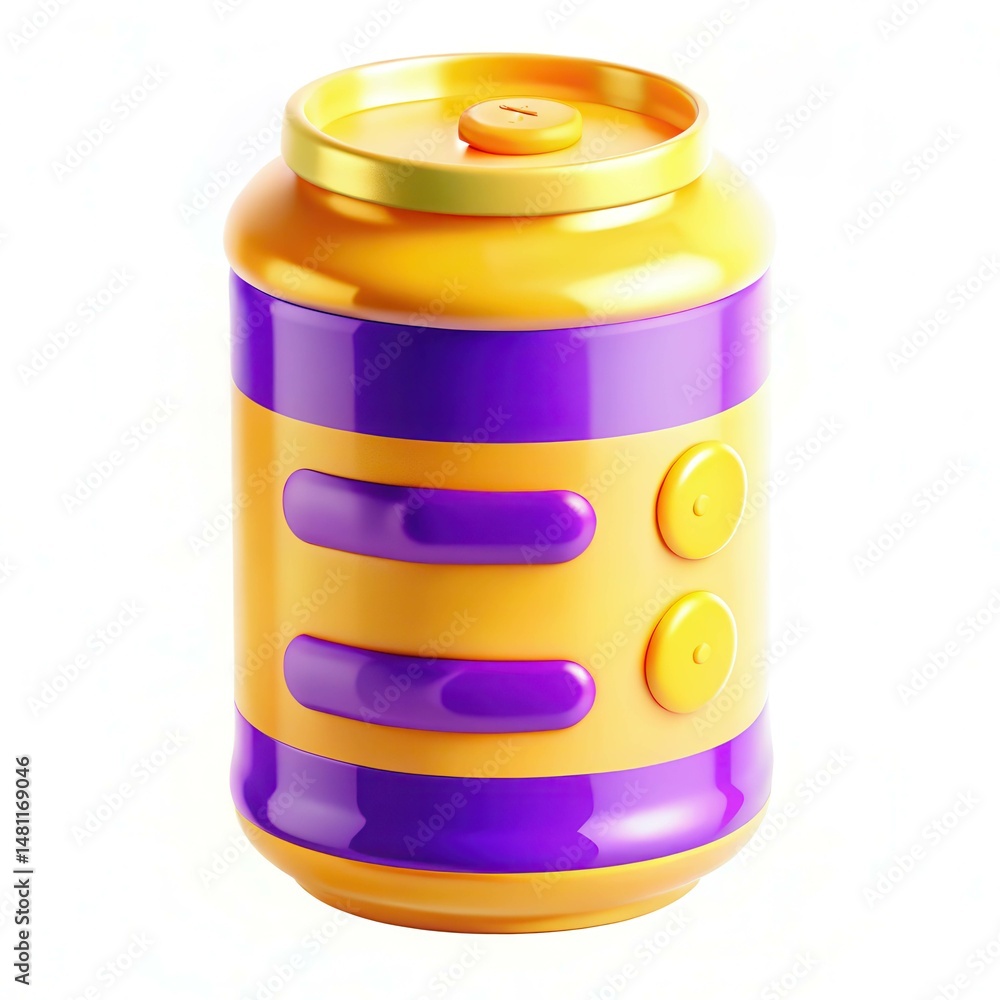 Poster a colorful, modern container in vibrant yellow and purple with unique buttons and a smooth texture.