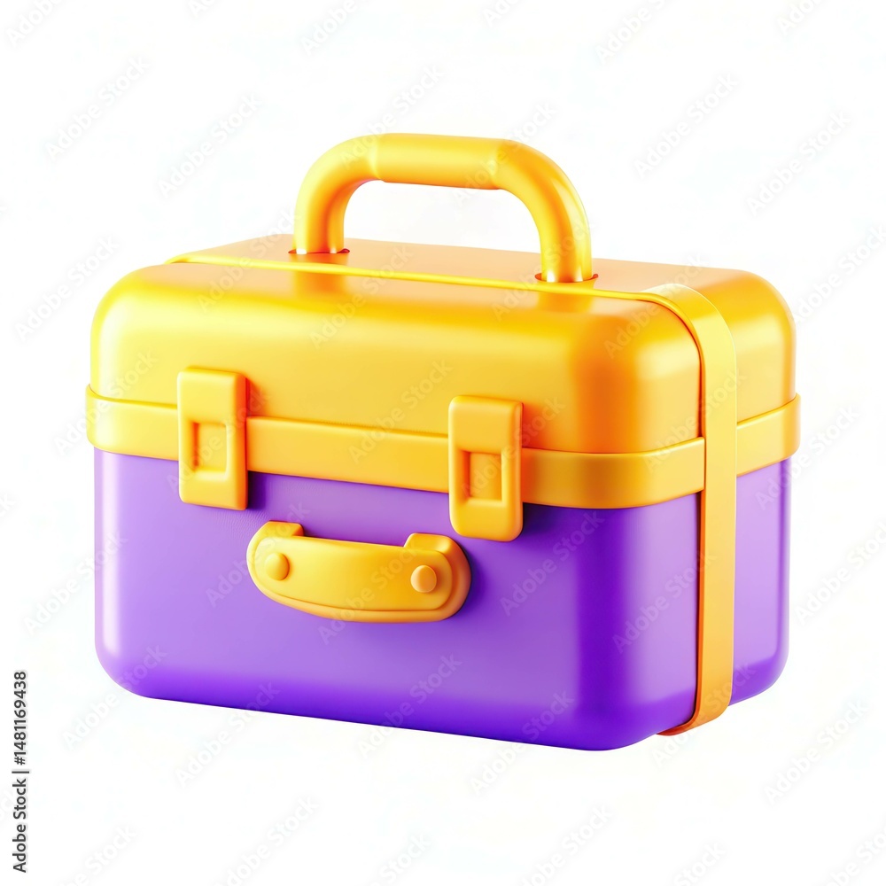 Poster a colorful toolbox with a yellow lid and purple base, showcasing a modern design with a smooth textu