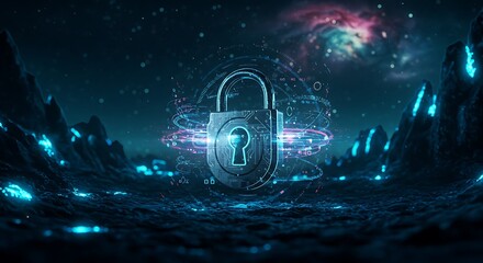 Obraz premium Digital security floating padlock with circuit details in space scene