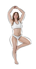 Beautiful woman with fit figure on white background. Lines around her body showing overweight shape before. Healthy lifestyle