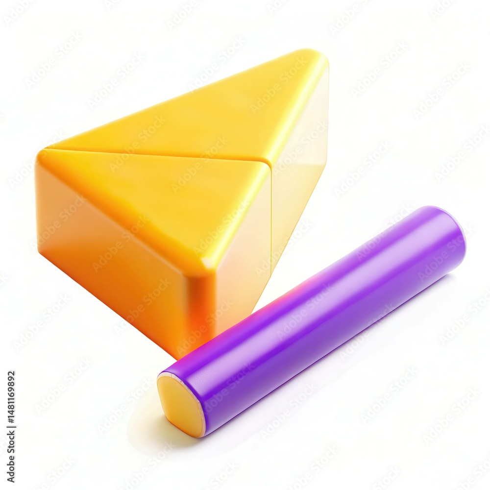 Poster a vibrant yellow triangular shape and a purple cylindrical object are displayed against a light back