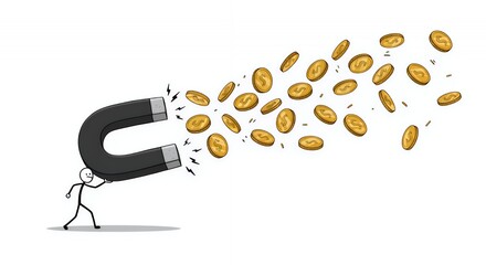 Stickman Attracting Golden Coins with Magnet Illustrating Business Profit and Motivation on White Background Perfect for Strategy and Finance Concept