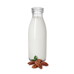 Nut milk in glass bottle and pecans isolated on white