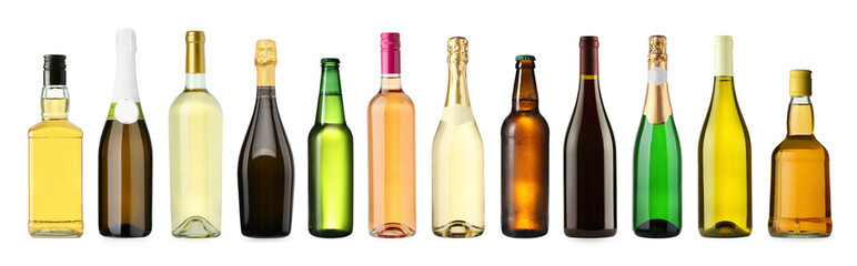 Bottles with different types of alcoholic drinks isolated on white, set