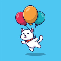 a cat flying using 3 different balloons