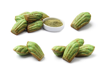 Tasty matcha madeleine cakes on white background, collage