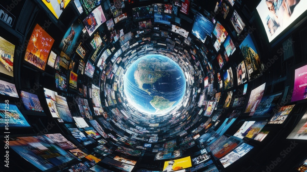 Poster abstract concept of digital globe connected to targeted online ads flowing across platforms