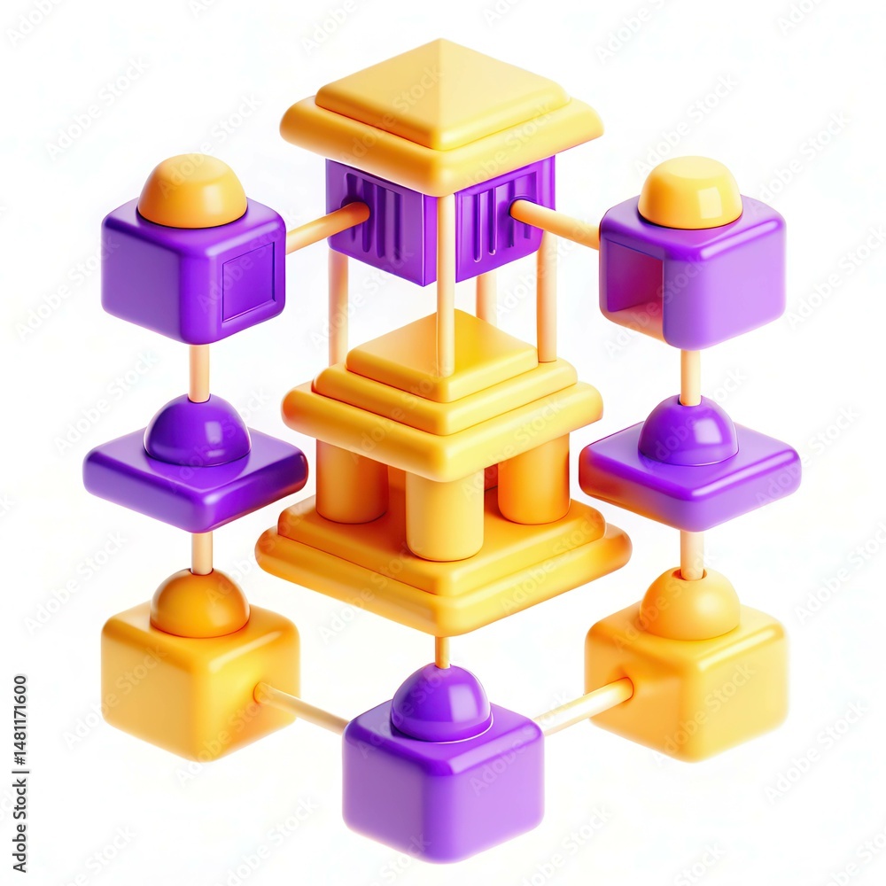 Poster a colorful 3d structure with geometric shapes in purple and yellow, featuring spherical and cubic el