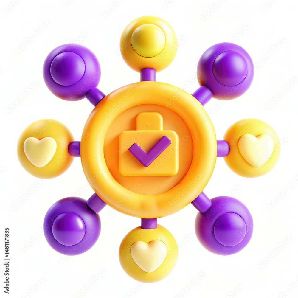Poster a colorful abstract design featuring circular shapes with checkmarks and hearts in vibrant yellow, p