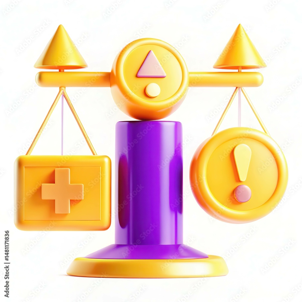 Poster a colorful 3d balance scale featuring a plus sign and an exclamation mark, designed with a modern ae