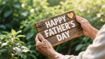 A pair of hands gently holds a rustic wooden sign with the words 'HAPPY FATHER'S DAY' written in bold, white letters. Father Day, Father Day Gifts, Happy Father Day