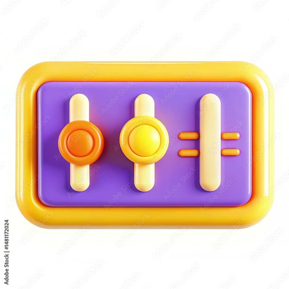 Poster a colorful 3d control panel with sliders and buttons in yellow and purple tones, set against a clean