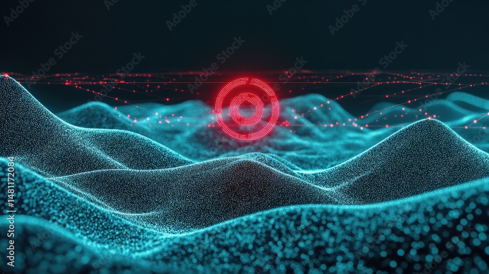 Poster artistic representation of digital waves and marketing keywords flowing toward target symbol in cent