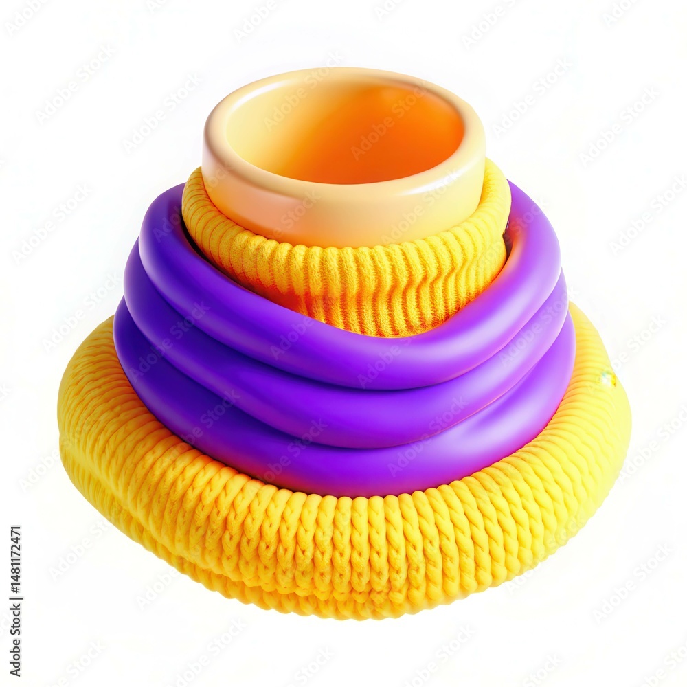 Poster a colorful arrangement of coiled ropes in purple and yellow, creating a modern and playful design wi