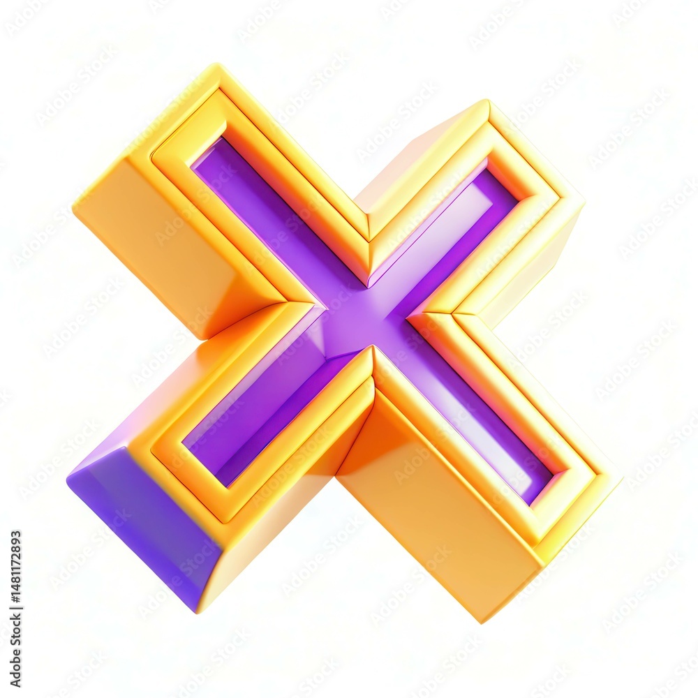 Poster a colorful 3d rendering of an abstract geometric shape resembling a cross, combining yellow and purp