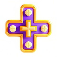 Obraz premium A colorful 3D design featuring a plus sign with circular knobs in bright yellow and purple against a white background.