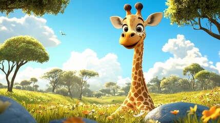 Endearing kids' illustration of a giraffe in a vivid, enchanting savannah scene.