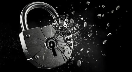 Broken security padlock shattering cybersecurity data protection concept