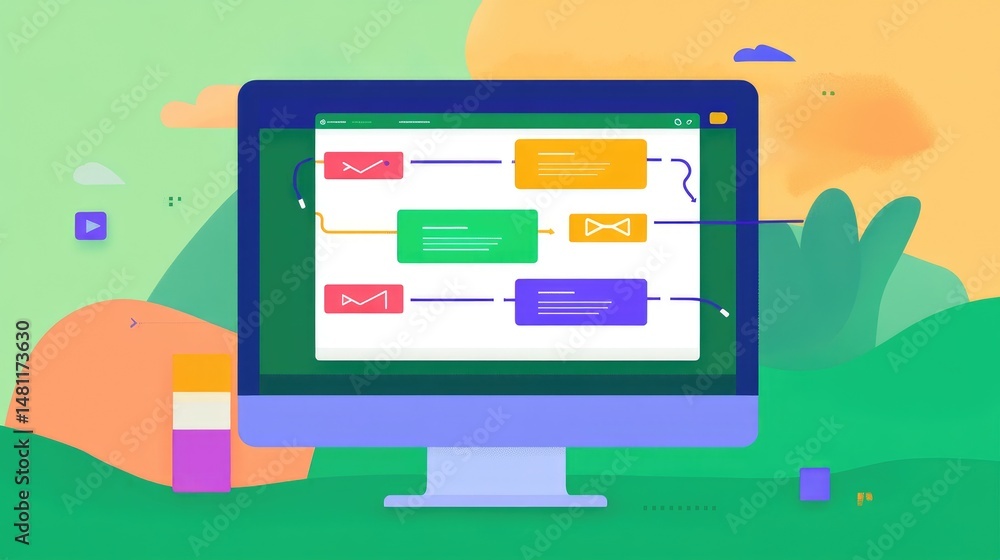 Poster computer screen showing email automation workflow with triggers, conditions, and actions