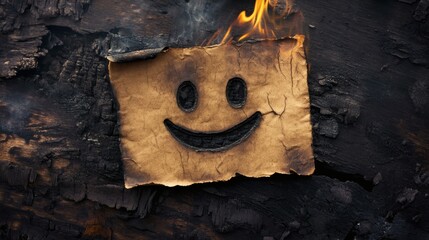 A burning paper with a smiling face is set against a background of charred wood.