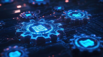 Glowing Blue Gears with Circuit Board Patterns