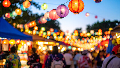 Vibrant summer festival market at dusk, soft warm light, nostalgic atmosphere, gentle summer breeze, cinematic mood, lively but cozy