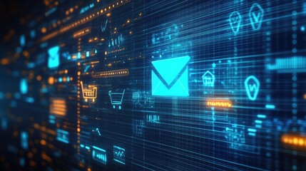 Concept of a digital envelope with marketing icons like shopping cart, discount tag, and chart