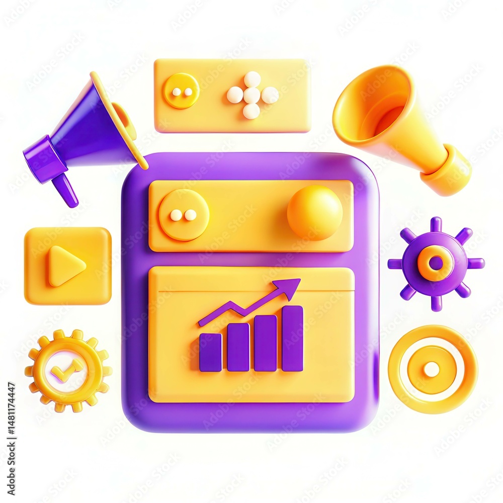 Poster colorful 3d geometric shapes representing data analytics and growth in a modern design.