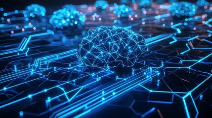 Glowing Blue Brain on Circuit Board with Neon Connections