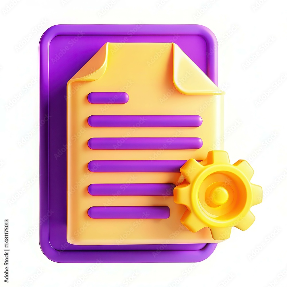 Poster a colorful 3d illustration of a document with a gear, symbolizing processes and design.