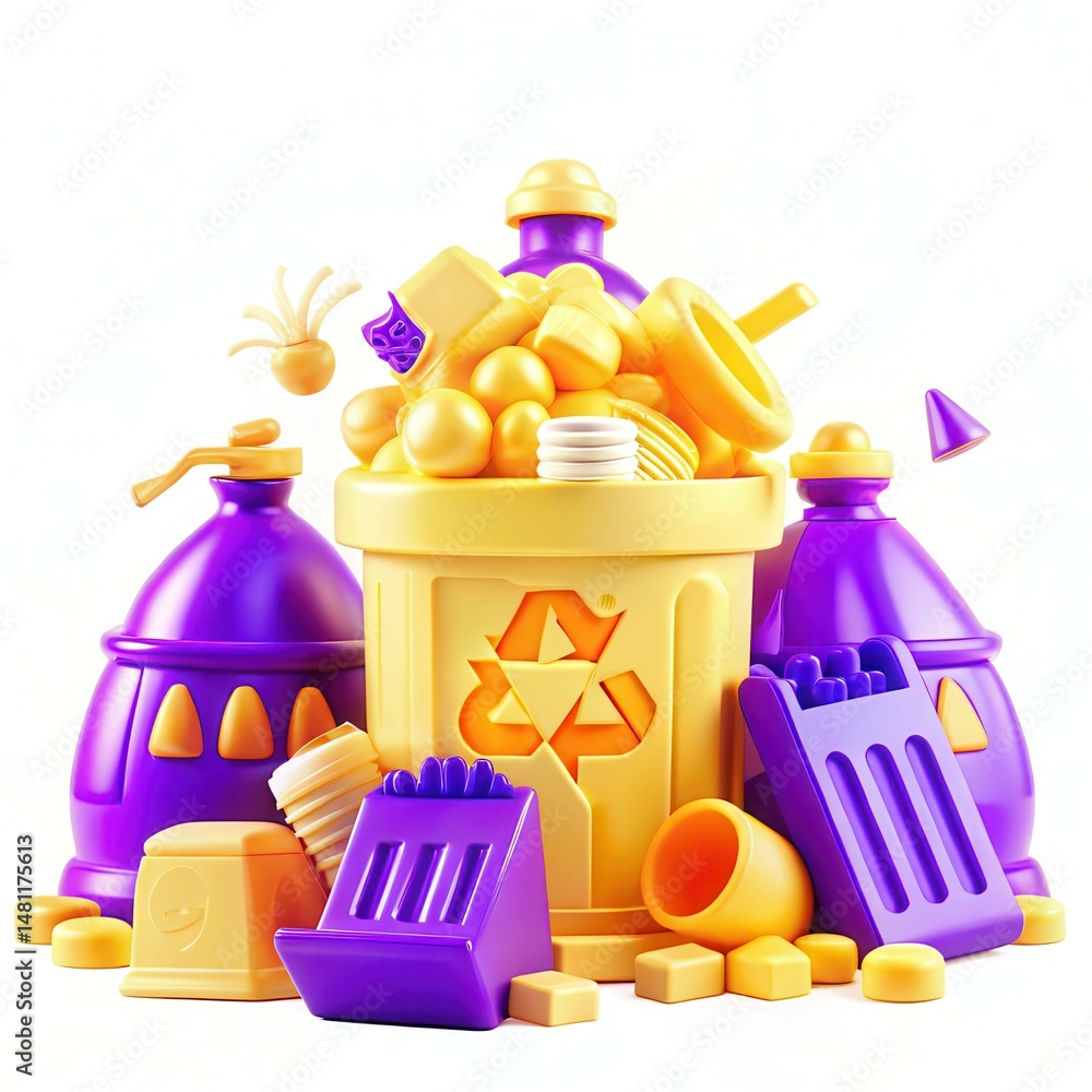 Aufkleber a colorful arrangement of toy-like objects in a trash can, featuring various shapes and a recycling 