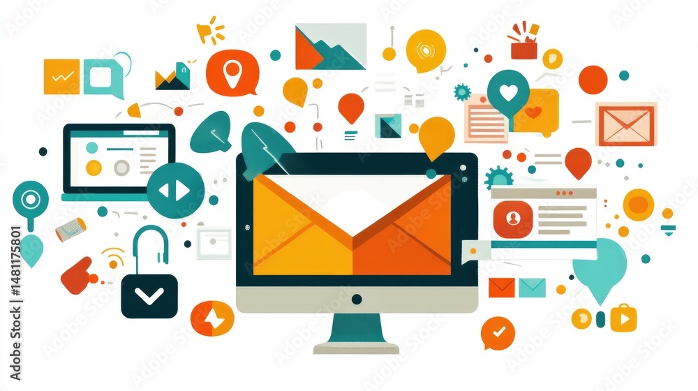 Poster desktop displaying integration of crm and email marketing platform with contact sync in progress