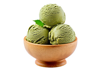 Delicious matcha green tea ice cream served in bowl isolated on transparent background