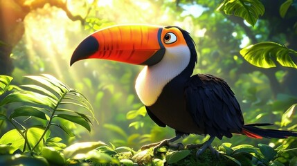 Fototapeta premium Adorable toucan perched in a lush jungle setting.