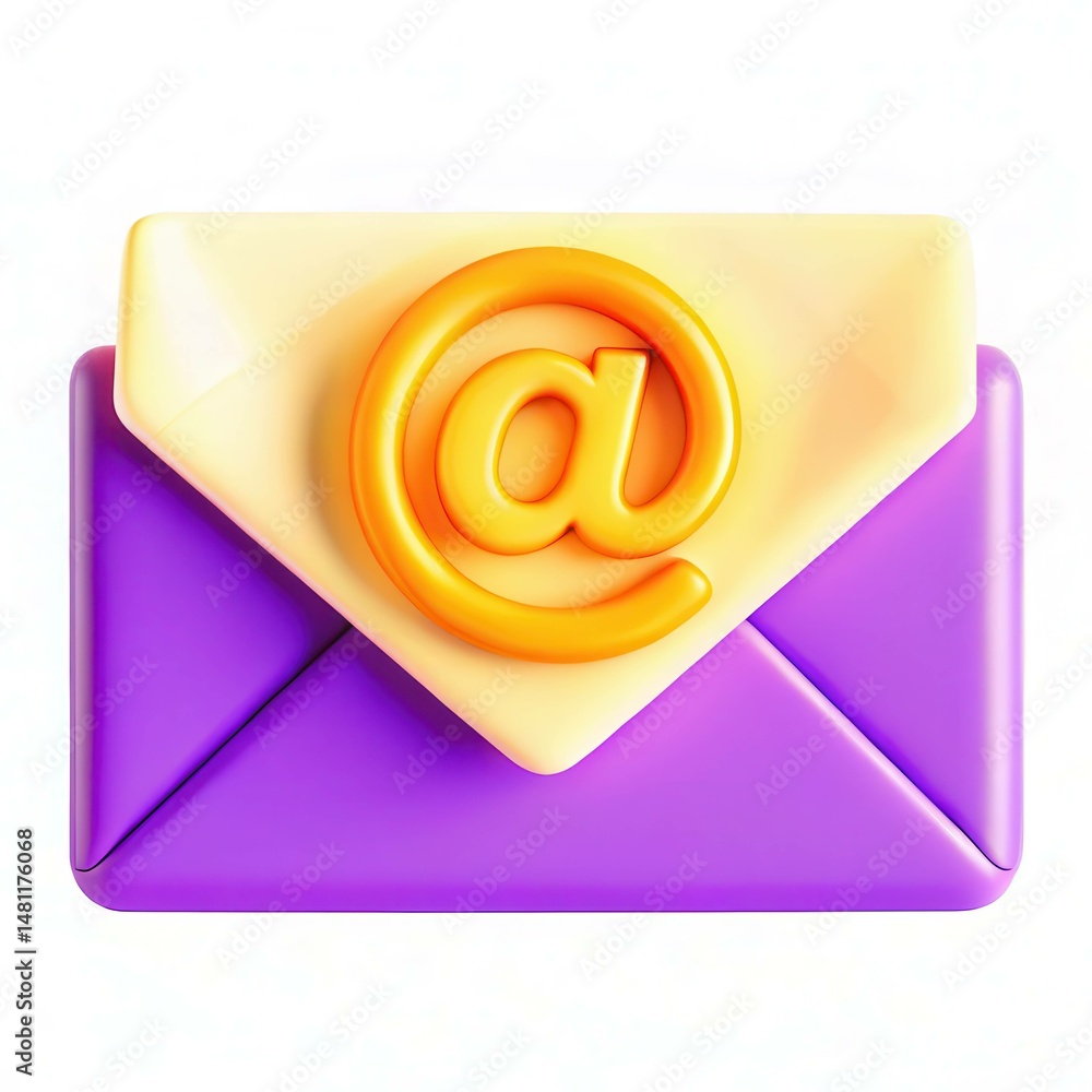Poster a modern and colorful email icon featuring an envelope with an '@' symbol on top, showcasing a playf