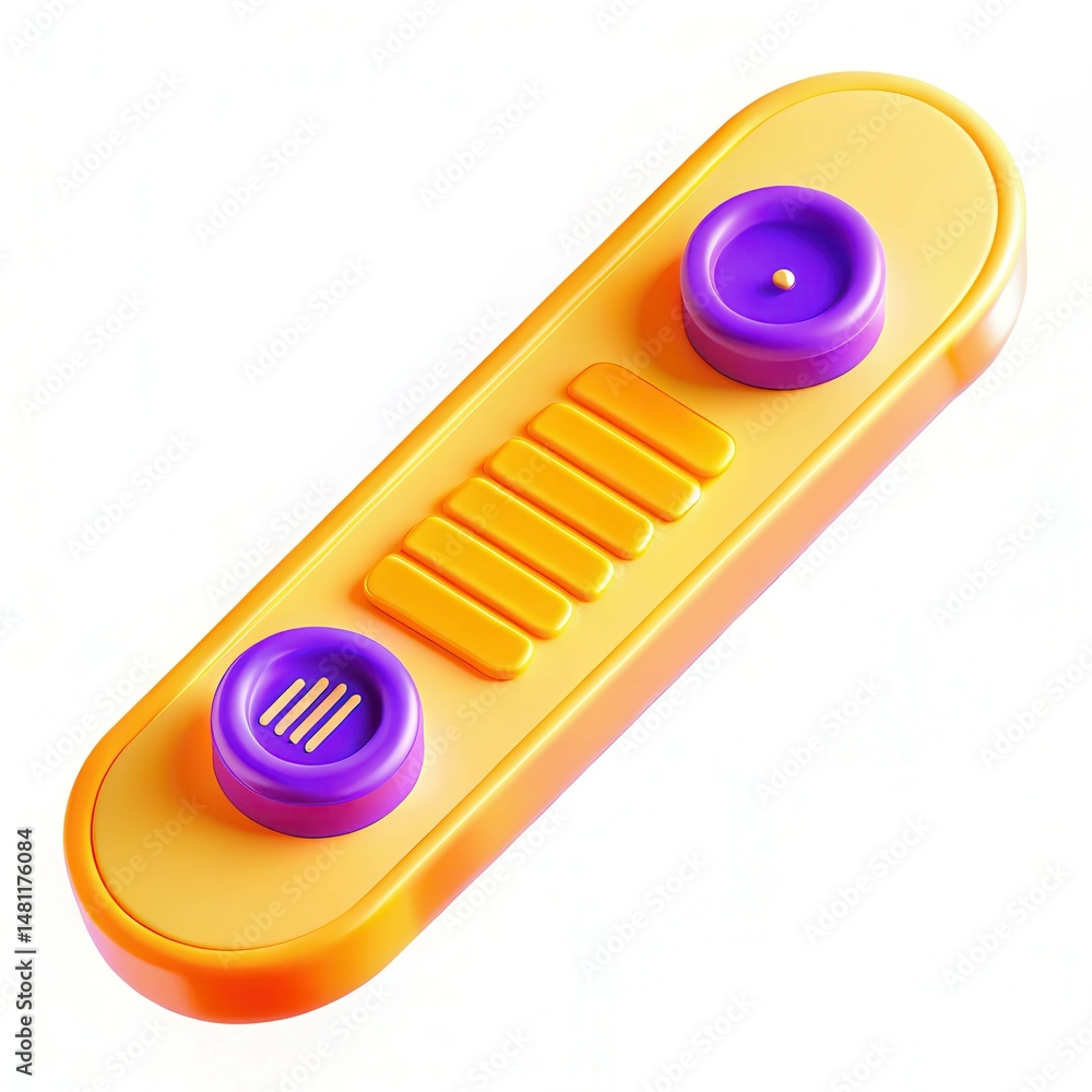 Poster a colorful toy with circular and textured buttons in purple and orange on a white background.