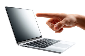 Digital Touch: A hand elegantly interacts with a sleek laptop, showcasing the seamless blend of human touch and cutting-edge technology, a symbol of modern connectivity.