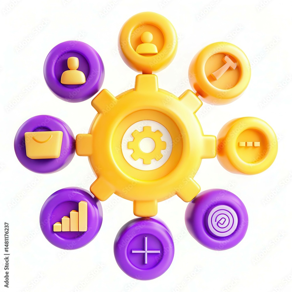 Poster a colorful gear graphic featuring various icons representing different functionalities in a modern d