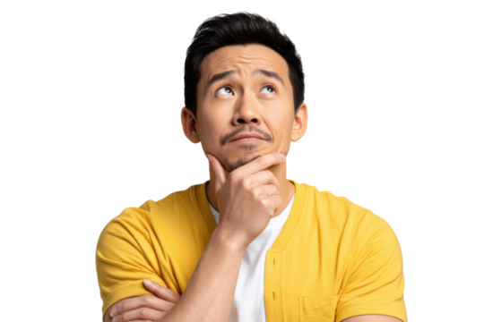 Intrigued Contemplation: An man with a thoughtful expression, gaze upward, rests his hand on his chin. Illustrating the embodiment of deep thinking and intellectual curiosity.