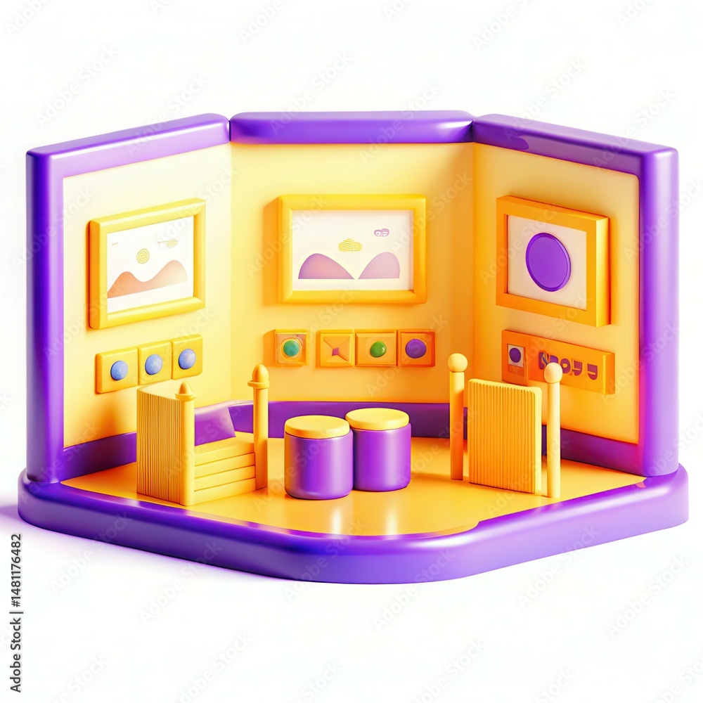 Poster a colorful modern art display featuring geometric shapes and vibrant patterns in a playful room sett