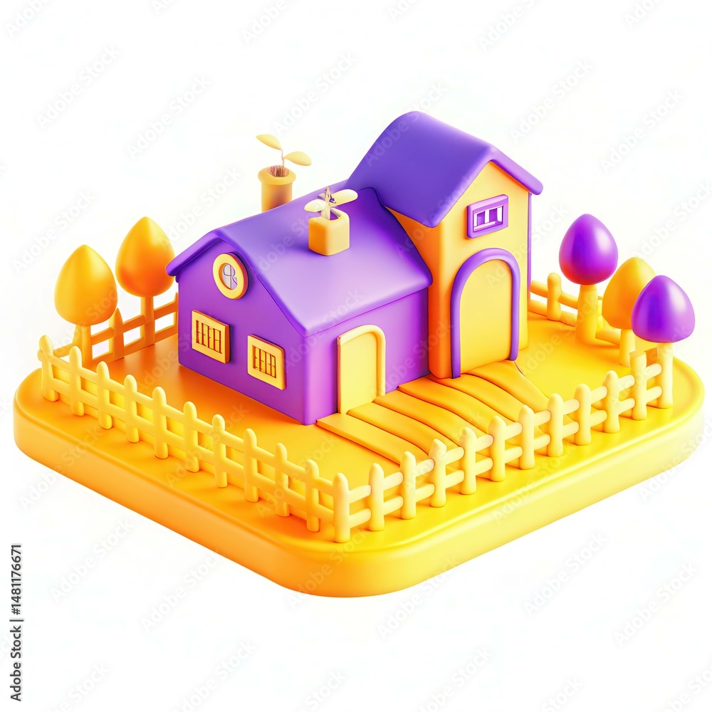 Poster a vibrant 3d model of a quaint house with colorful trees and a fence, showcasing playful design elem