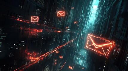 Fototapeta premium Digital art of flying email icons with glowing trails representing outreach and lead nurturing