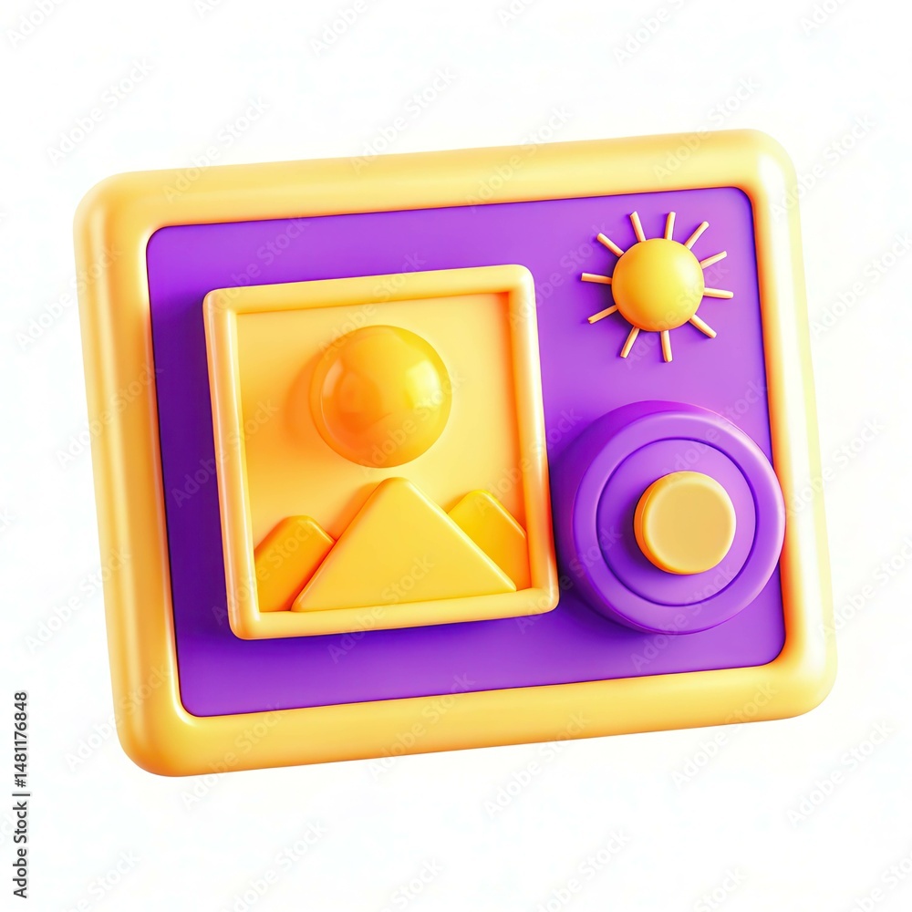 Poster a colorful 3d rendering of a playful photo frame with a sun and a knob for adjustments.